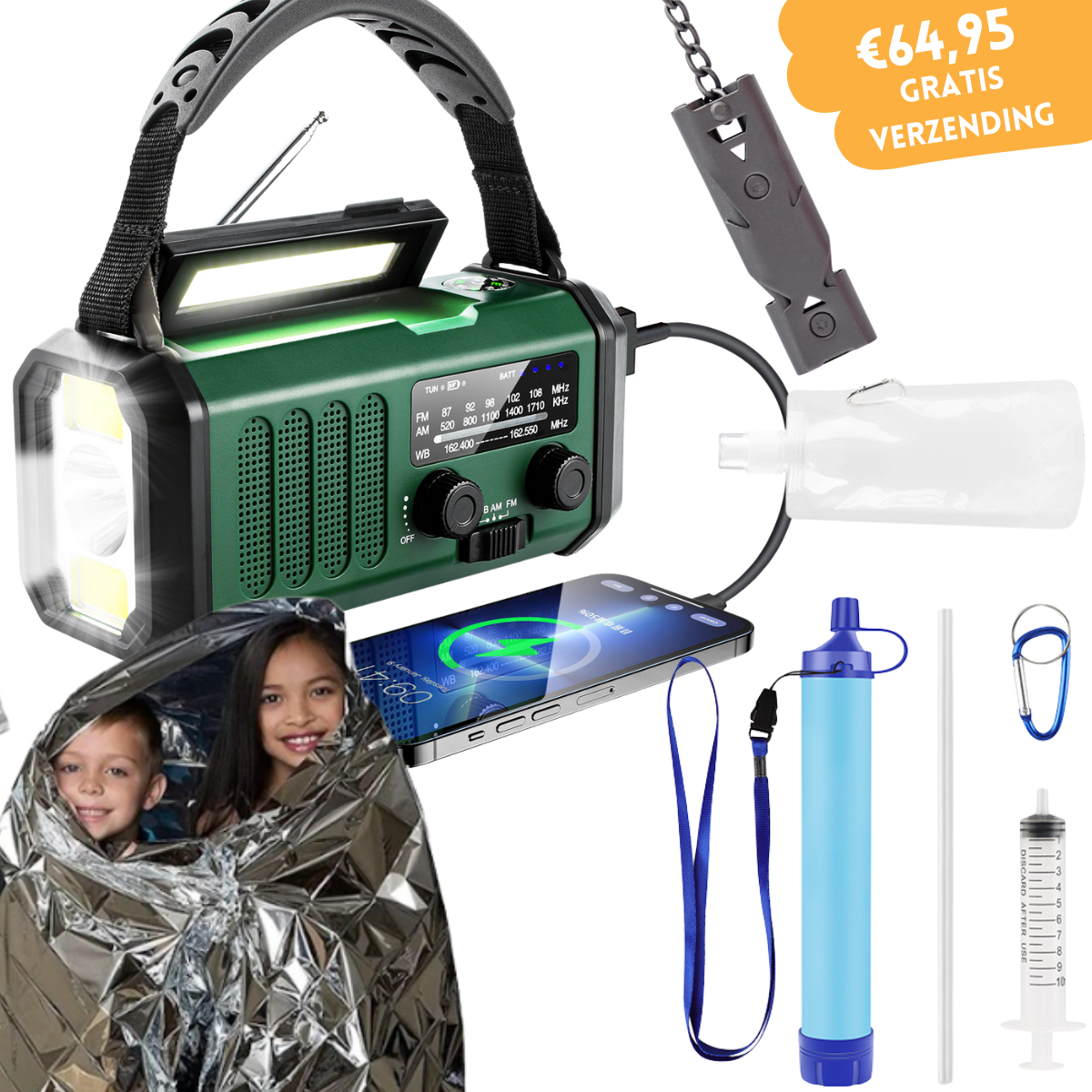 SINTIVO™ Noodpakket met Noodradio - Powerbank - Noodfluit - Waterfilter - 2x Isolatiedeken
